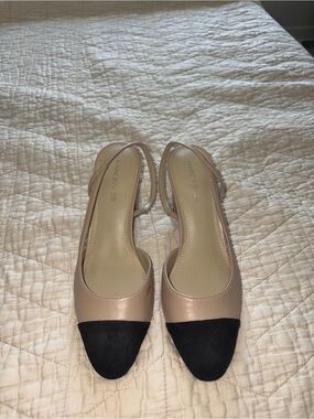 Marc Fisher Nude and Black Cap-Toe Slingback Flats